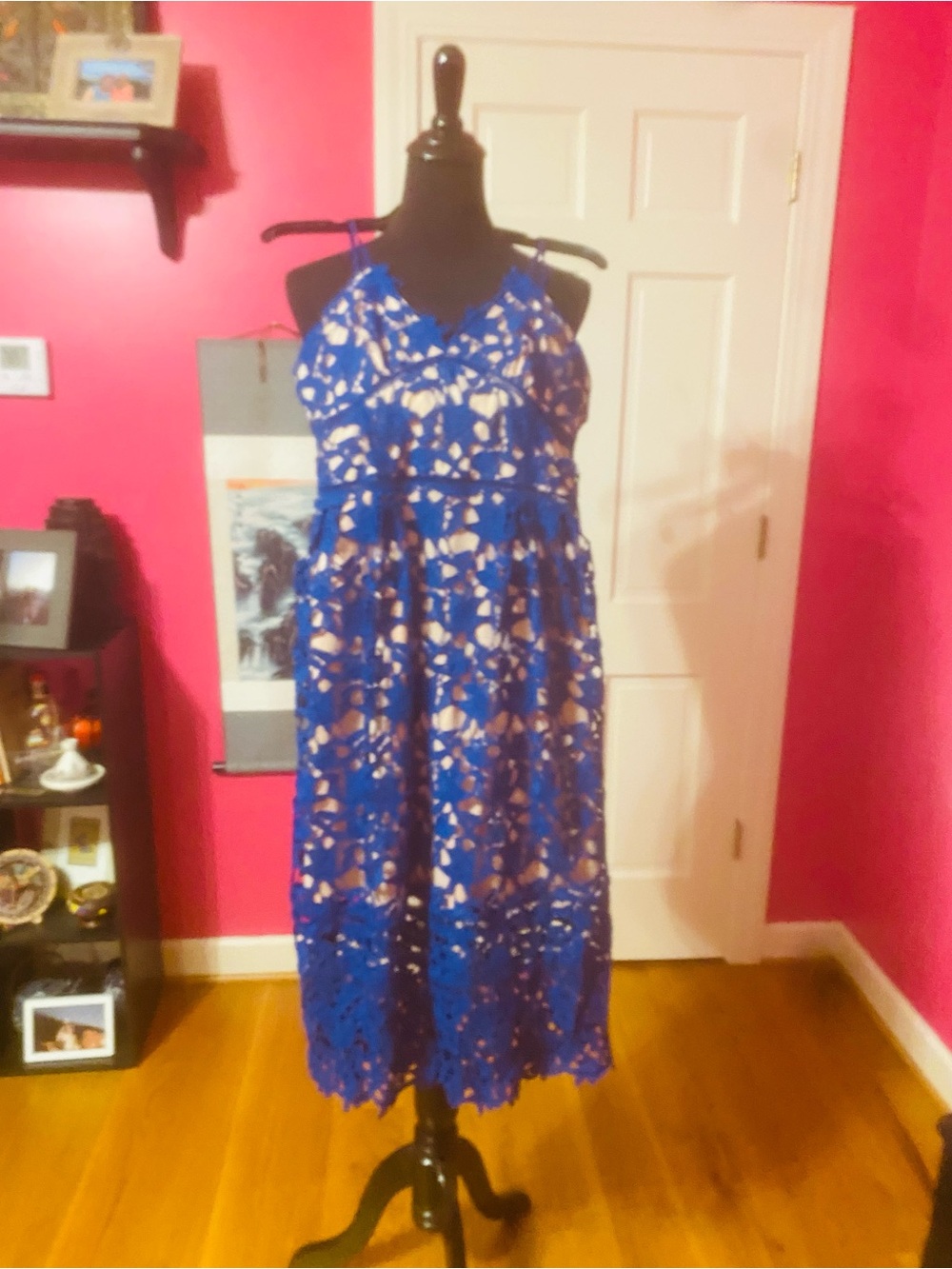 Blue Lace Midi Dress with Spaghetti Straps